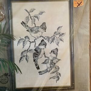 Vintage Paragon Needle Craft Tufted Titmice Etching in Filo 12" x 18" #0447